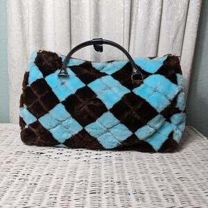 Mint Green Blue & Brown Checkered Fuzzy Plush Overnight Gym Bag